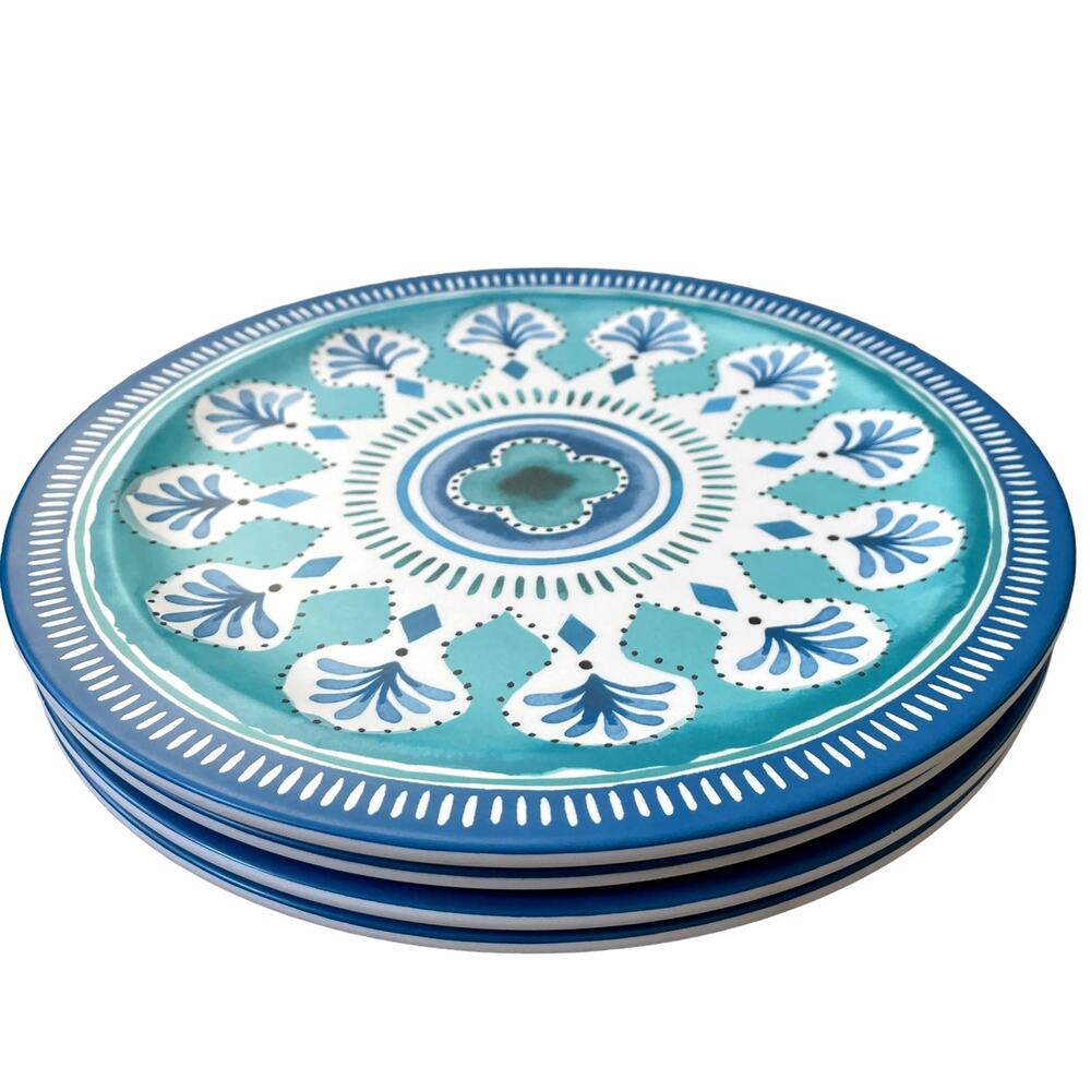 ACADIA HOME Melamine 10.5" Dinner Plates Set 4 Blue Teal White Iznik Print NEW - Picture 4 of 8